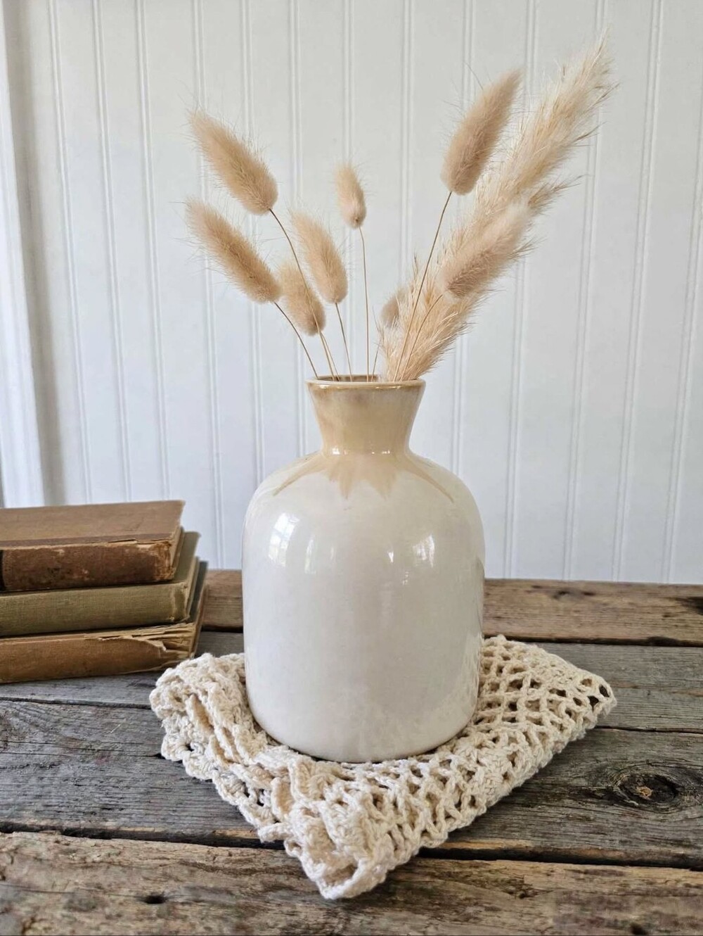 Rustic Cream Ceramic Jug Vase with Tan Drip Glaze